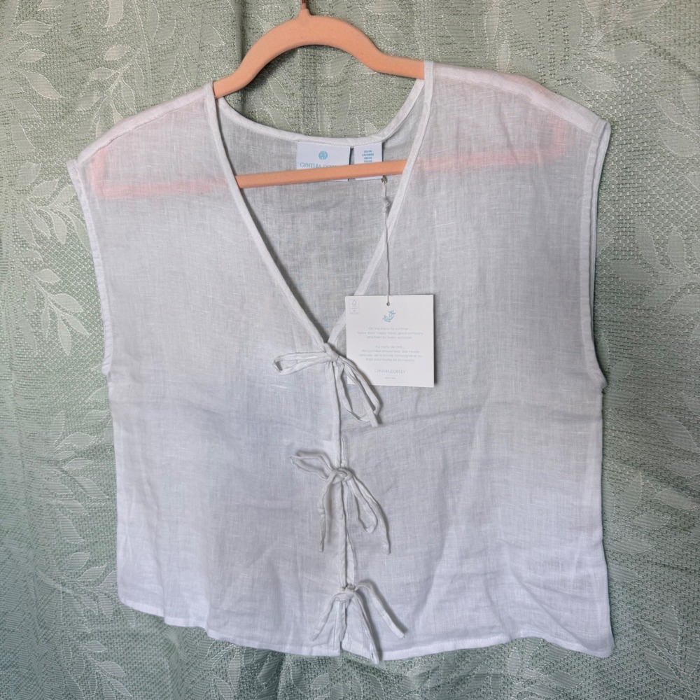 Cynthia Rowley Womens White 100% Linen Front Tie Vest Top Sleeveless Medium NWT
